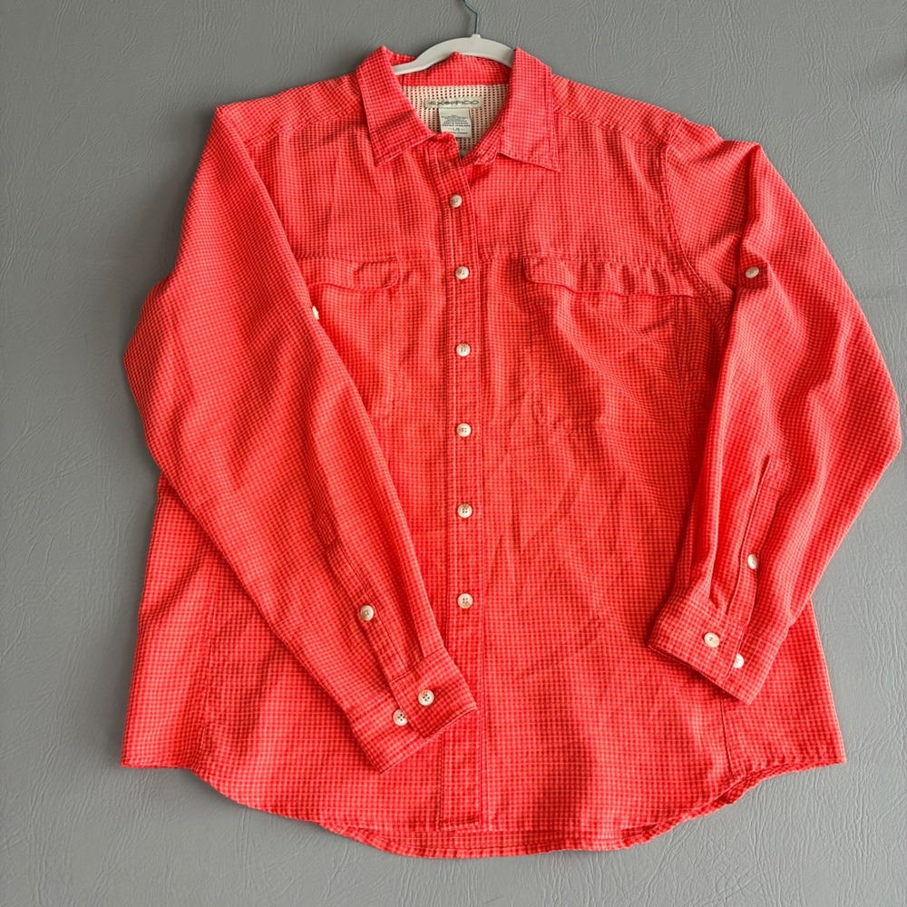 ExOfficio Womens Large Orange Gingham Vented Performance Fishing Shirt L/S